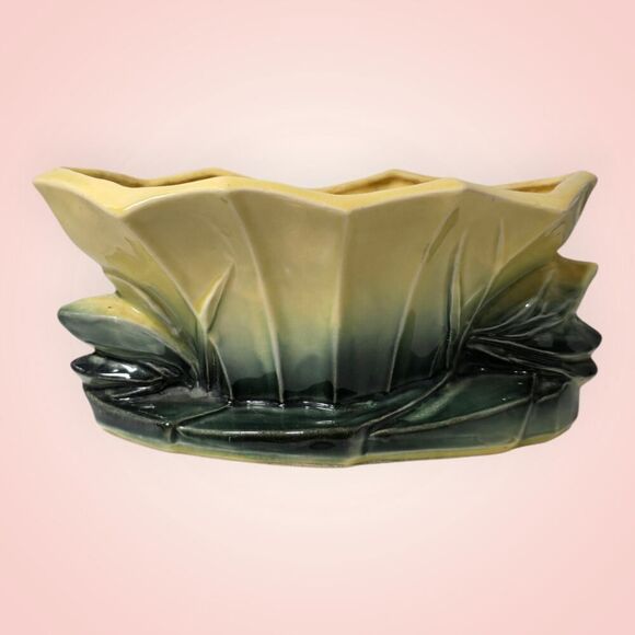 Vintage McCoy Pottery Lotus Yellow Green Planter 7” x 4” - Picture 6 of 10
